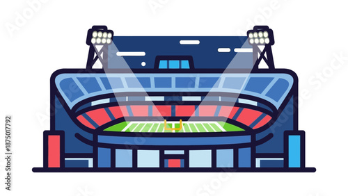 American Football Stadium with Crossed Spotlights, Night Match Arena with Green Field and Tribunes Vector Illustration