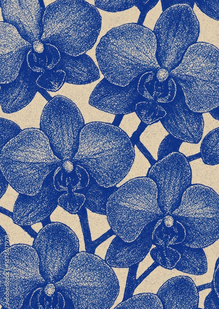 Fototapeta premium Blue orchids detailed floral illustration.