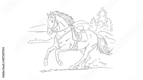 A horse is running in a natural outdoor environment with motion and energy