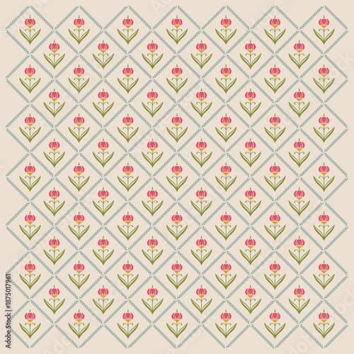 seamless Indian mughal flower motif background. Vector Hand drawn colourful geometric flowers, seamless patterns with floral for fabric, textiles, clothing, wrapping paper, backdrop, banner, illustrat