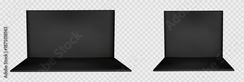 Black booth stand set with 3d mockup wall and corner for tradeshow interior. Square exhibition room with display panel for press office space. Blank pop up store area perspective template vector