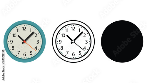 Three clocks and a black circle on a white background illustration