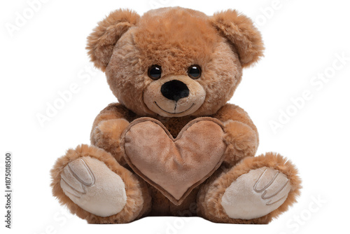 Brown teddy bear holding a heart on white background