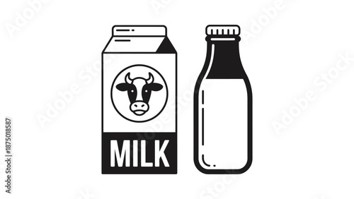 Classic milk carton and glass bottle, simple line art illustration