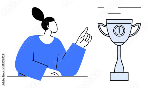 Success concept. A person pointing towards a trophy success and achievement. Success in competitions, professional victories, personal goals, and business milestones. Perfect for motivation