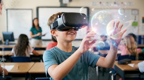 A young boy wearing a virtual reality headset in a classroom