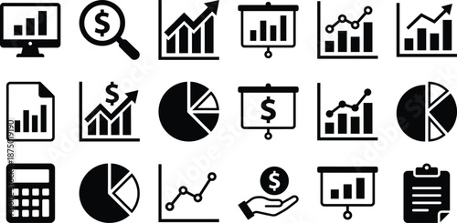 Business finance analytics icons set, black charts graphs money statistics for corporate reports presentation vector design