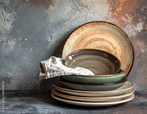 Still life of ceramic dishware with rustic edges, a linen cloth, stacked on a mottled grey surface