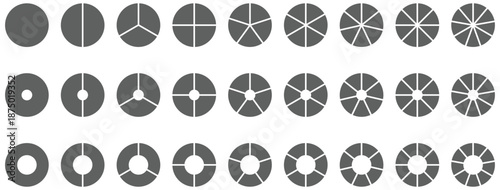 Silhouette pie chart icons. Circular pie chart segmentation icons in various split parts for infographic analytics and statistics. Flat style. Vector illustration.