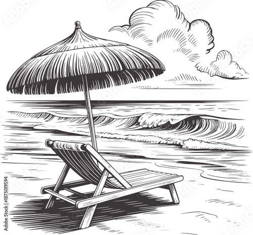 Black and detailed beach scene with recliner and straw umbrella by the ocean waves