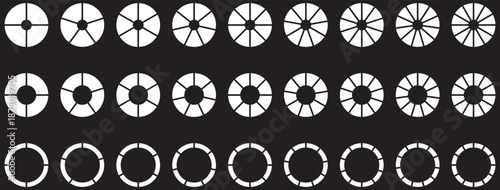 Silhouette pie chart icons. Circular pie chart segmentation icons in various split parts for infographic analytics and statistics. Flat style. Vector illustration.