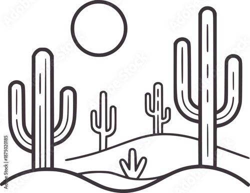Minimalist black and desert landscape with cacti and moon