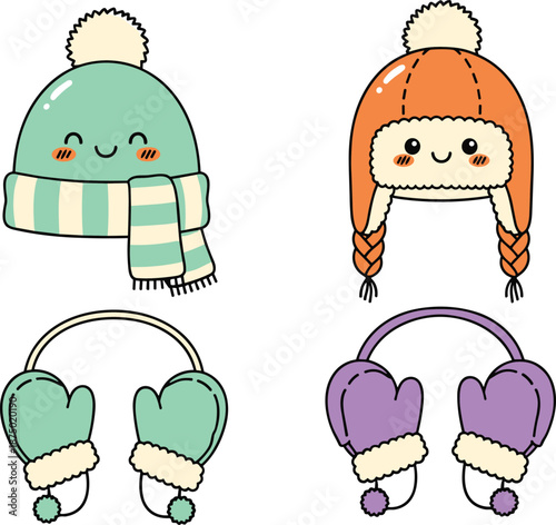 Cute winter hat and earmuff illustration set, cozy cartoon cold weather accessories for kids vector design simple graphics