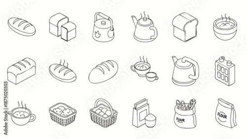 Isometric Line Art Icons Set: Baking, Bread, Tea, and Coffee Collection. Outline Symbols for Kitchen, Food Ingredients, and Hot Beverages.