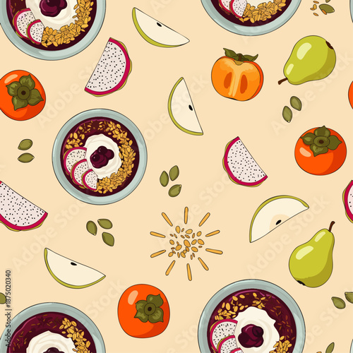 Colorful seamless pattern of healthy breakfast smoothie bowls, fresh fruits, granola, and seeds. Hand-drawn illustration of nutritious vegan superfood for backgrounds.