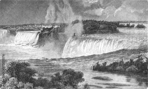 Konstfotografi Niagara Falls with its powerful water cascade between Canada and the United States, showing the mist, spray, and surrounding landscape, old vintage illustration, 1899