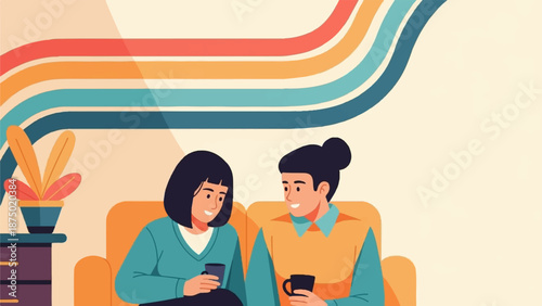 A couple enjoys coffee on a couch, talking together in a cozy, retro-styled room with colorful lines