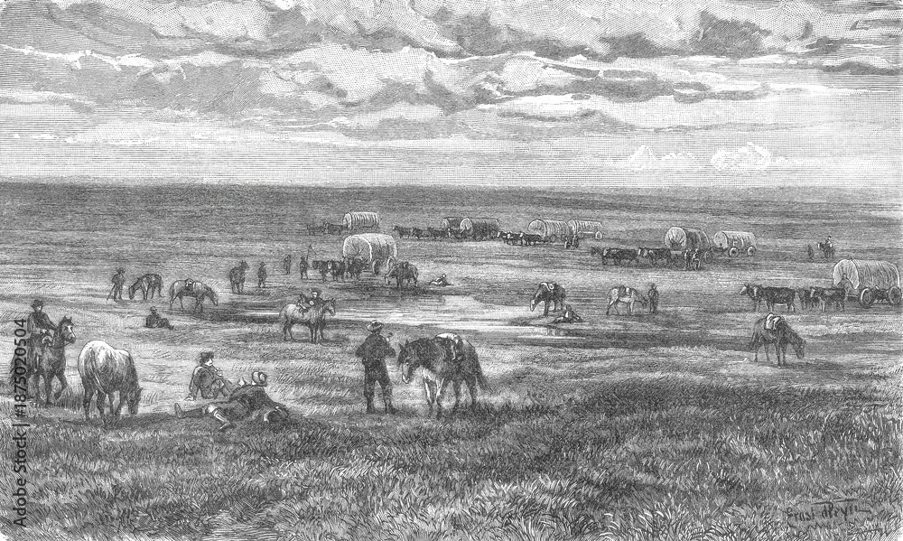 Fototapeta premium North American prairie landscape with settlers' covered wagons stopped at a campsite during their westward migration, old vintage illustration, 1899