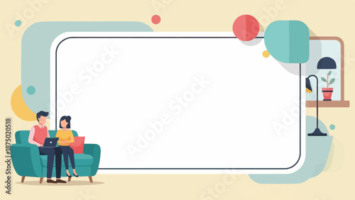 A couple on a sofa using a laptop in a cozy room, illustrated with a large blank central frame