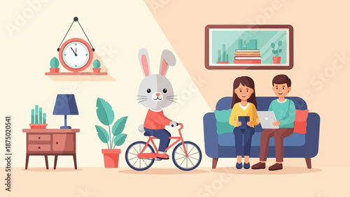 A couple on a sofa with gadgets and a rabbit on a bicycle in a cozy, illustrated living room