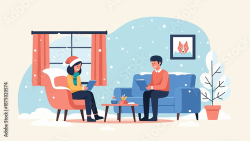 A couple reading in a cozy living room as snow falls outside during a peaceful winter evening