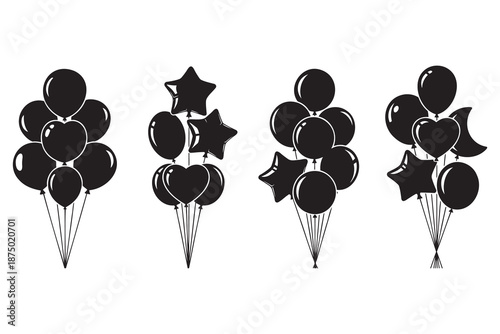 black balloons and stars tied in bunches on white background