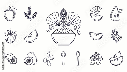 Line art vector icons of healthy breakfast ingredients. A collection of grains, fruits, and seeds for a balanced diet, featuring oatmeal, apple, pear, kiwi, and wheat.