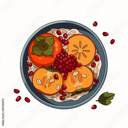 Vibrant top-down illustration of a healthy breakfast bowl with fresh persimmons, juicy pomegranate seeds, and wholesome oatmeal, ideal for wellness content.