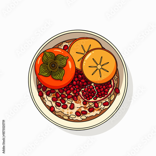 Top view illustration of a nutritious breakfast bowl featuring creamy oatmeal, whole and sliced persimmon, and ruby red pomegranate seeds, ideal for healthy eating.