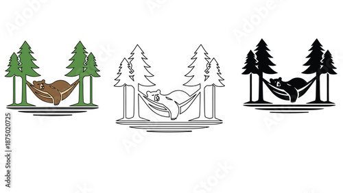 A bear relaxes in a hammock surrounded by trees in different styles