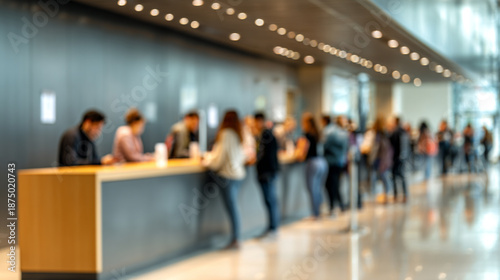 Blurred view of bank interior with blurred service counter and blurred group of people in background. Glowing bank logo above counter.