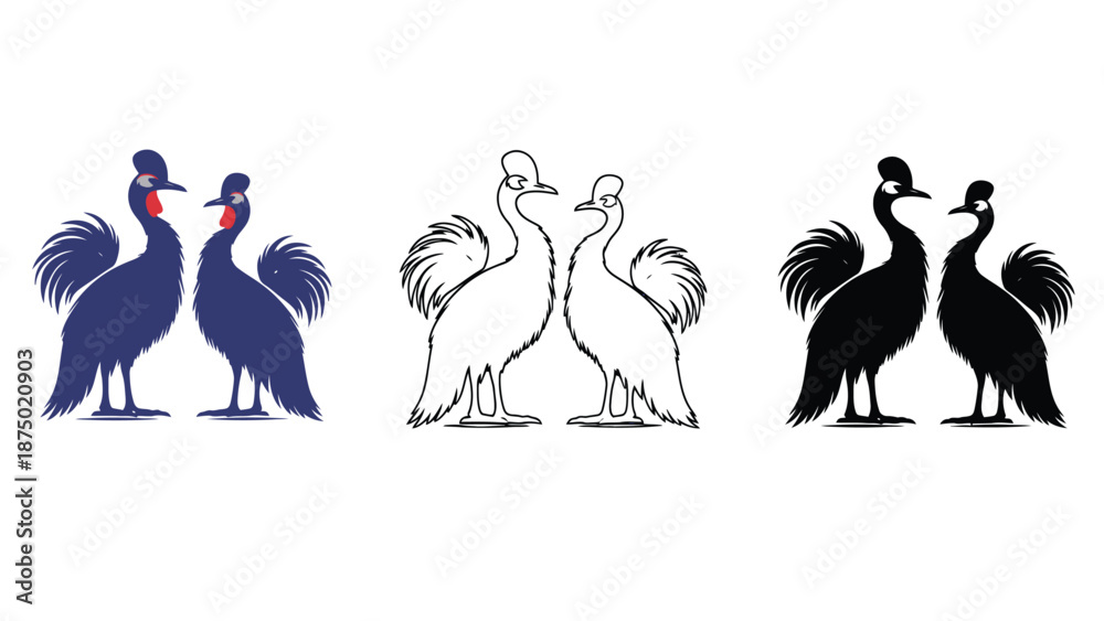 Fototapeta premium A set of colorful and monochromatic illustrations of two cranes facing each other