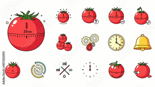 Pomodoro Technique Icons Set for Time Management and Productivity. Tomato Timer, Clock, Alarm, and Workflow Elements for Efficient Work.