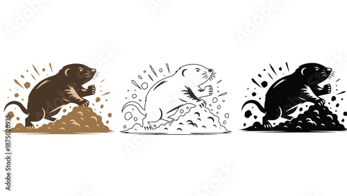 A playful illustration of moles in different colors and styles digging earth