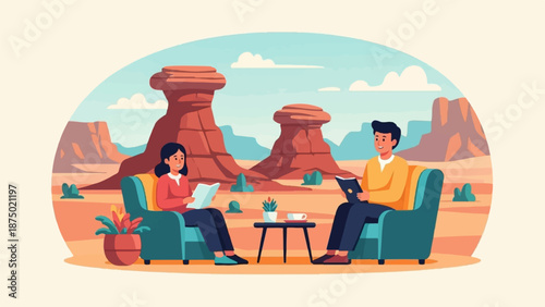 A couple reads in armchairs, enjoying coffee in a surreal desert landscape with red rock buttes.