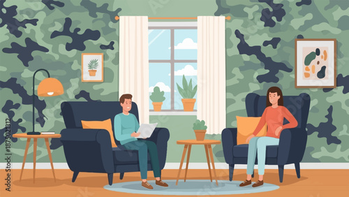 A couple relaxes in a cozy living room with camouflage wallpaper, seated in comfortable armchairs