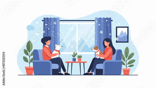 A couple relaxes in armchairs with their dogs, watching the snow fall outside on a cozy winter day