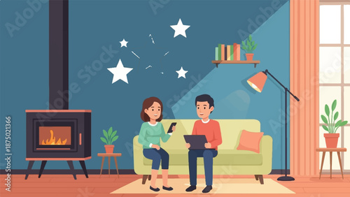 A couple relaxes on a sofa in a cozy living room, using a tablet and smartphone by a warm fire
