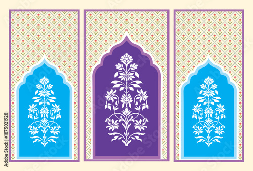 haldi backdrop decor design with Traditional Mughal Floral Motif Illustration. Antique Indian Mughal Floral Wall Art. botanical floral ethnic motif. prayer carpet