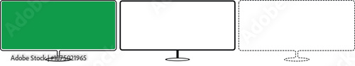 TV and computer monitor outline icon set with solid and dashed stroke, widescreen display device line drawing for UI and technology design isolated on white vector
