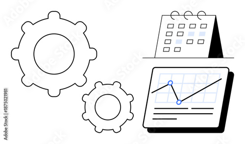 Gears and calendar symbolize productivity and scheduling, while graph screen indicates data-driven strategies. Ideal for planning, productivity, analytics, data tracking, collaboration, time
