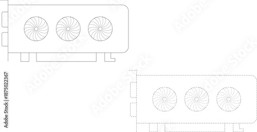 GPU graphics card outline icon set with solid and dashed stroke, computer hardware video card line drawing isolated on white background vector