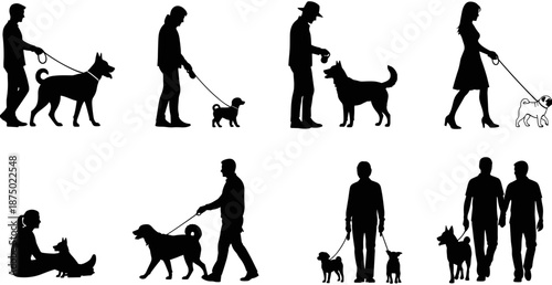 Collection of silhouettes featuring men and women walking various dog breeds on leashes and sitting together on white background.