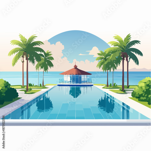 Tropical Swimming Pool with Palm Trees.