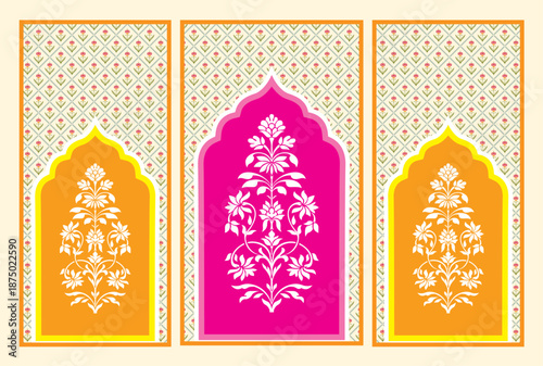 haldi backdrop decor design with Traditional Mughal Floral Motif Illustration. Antique Indian Mughal Floral Wall Art. botanical floral ethnic motif. prayer carpet