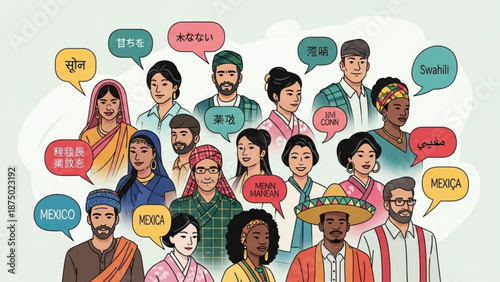 Diverse group of people speaking different languages communication and global connection concept flat vector illustration for web and print