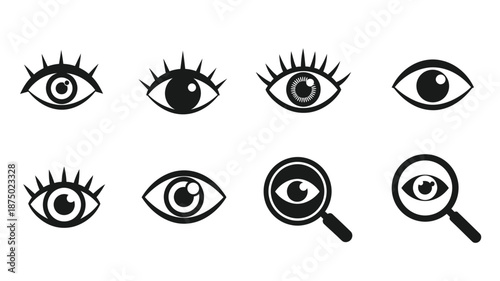 A collection of various eye designs and a magnifying glass silhouette