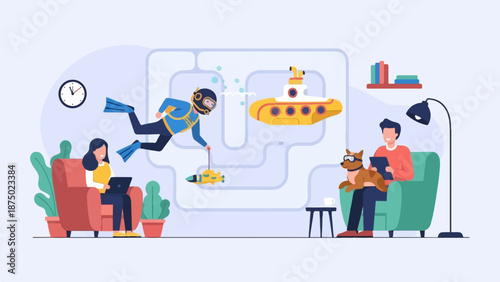 A couple relaxing at home while a scuba diver and submarine float in their imaginative thoughts