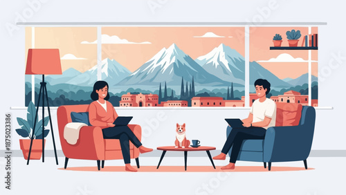 A couple relaxes with their dog in a modern living room, enjoying a scenic mountain view