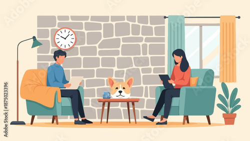 A couple relaxing in a cozy living room with their dog, both engrossed in their devices